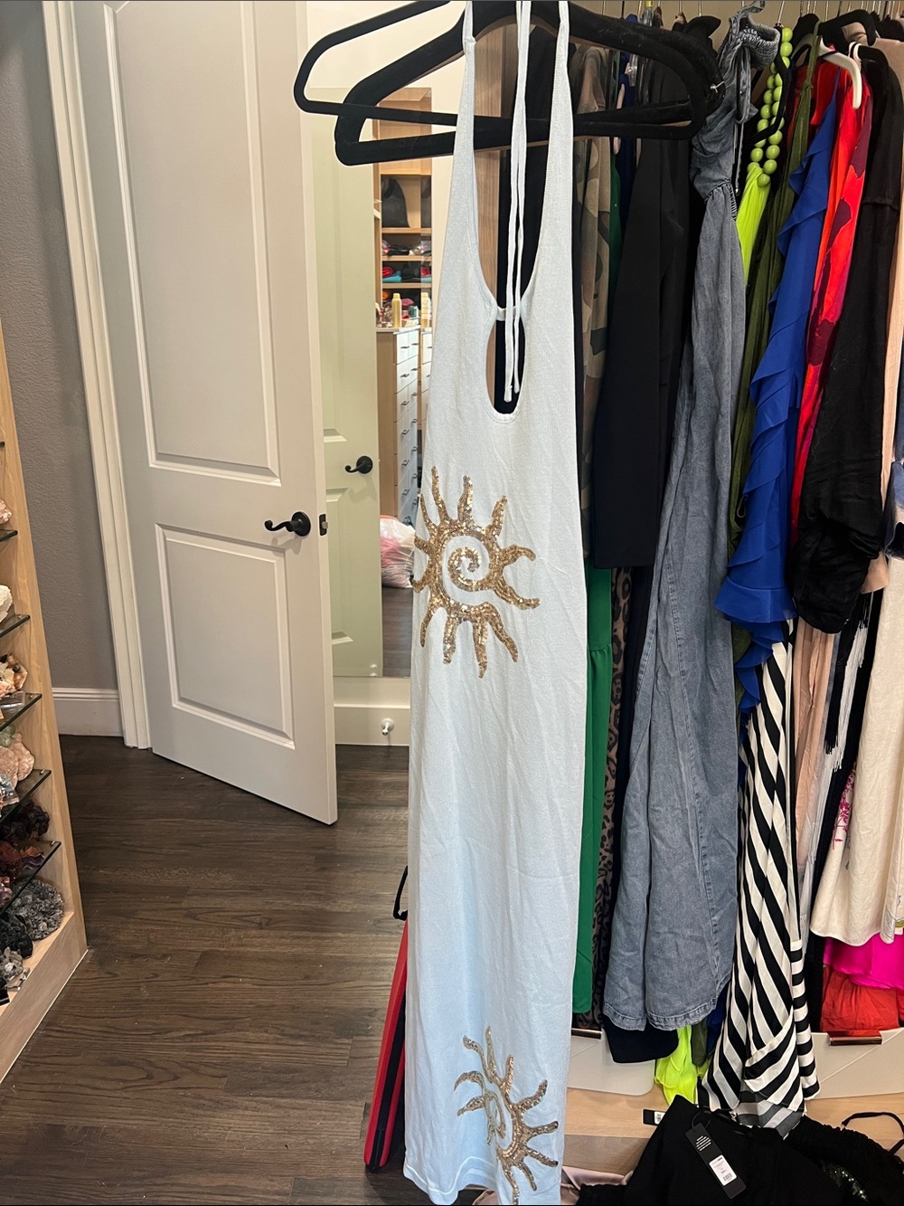Fashion Nova White Maxi Dress with Gold Sun Sequin Accents